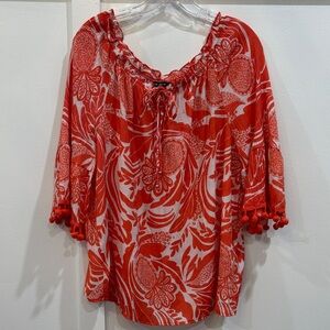 Unique Spectrum Red Floral Peasant Blouse with Pom Trim